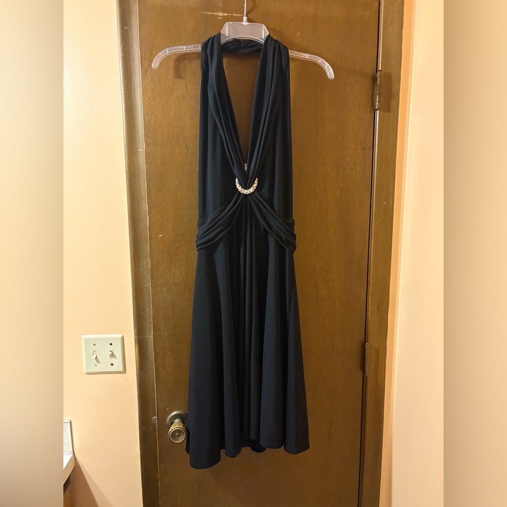 Tadashi Shoji Vintage Y2K black halter silver broach low back mini dress